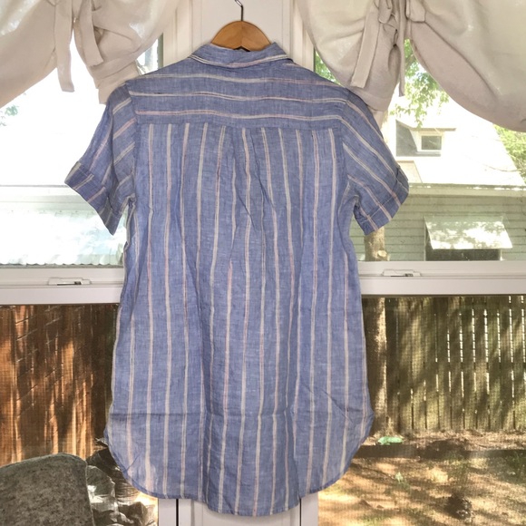 Gap 100% Linen Boyfriend Stripe Popover Blue Tunic Half Button - Picture 2 of 8